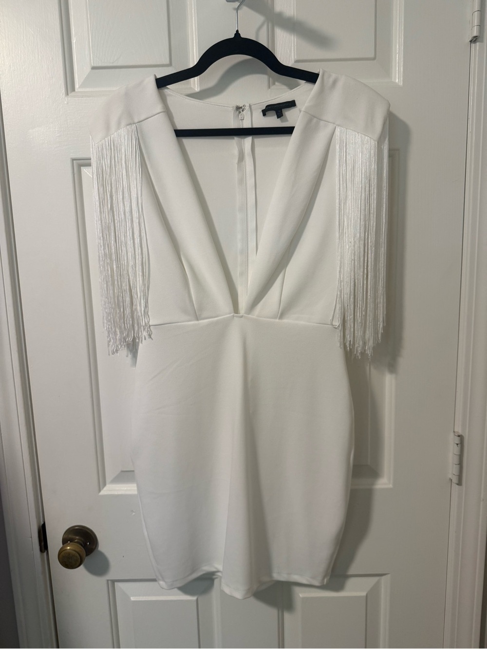 Symphony White Mini Dress with Fringe Shoulder Detail